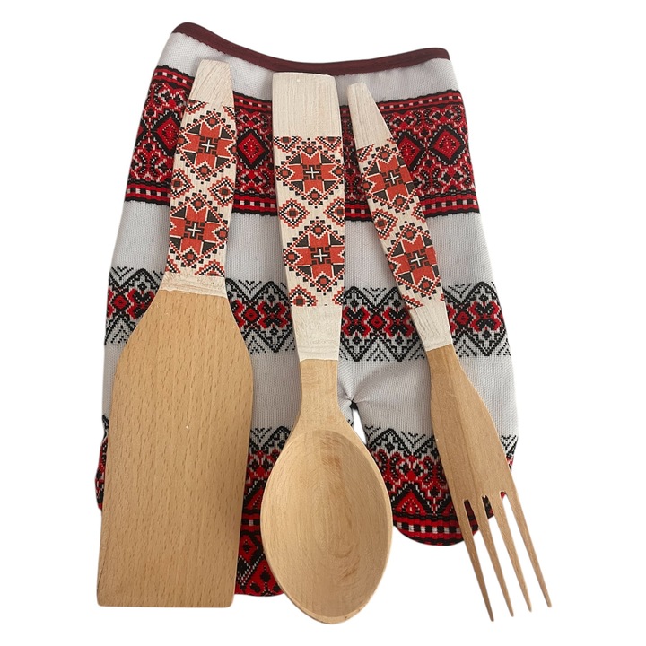 Set manusa si ustensile din lemn pictate, 4 piese, multicolor, pentru gatit