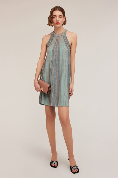 MOTIVI, Rochie mini cu decolteu halter si dungi, Verde pal/Roz prafuit/Verde persan, S