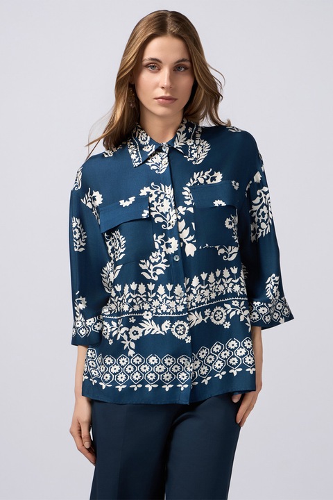 OLTRE, Bluza cu imprimeu floral si maneci trei sferturi, Albastru inchis/Alb optic