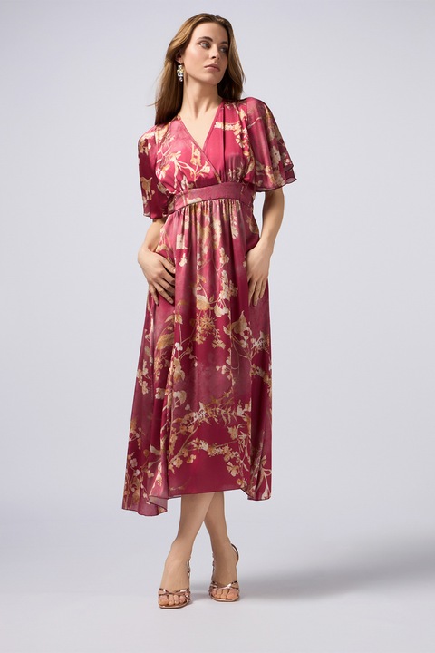 OLTRE, Rochie cu maneci scurte si imprimeu floral, Rosu/Galben pal, S