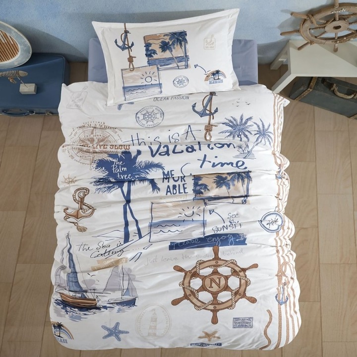 1 személyes ágynemű tengeri mintával, 100% erősített pamut, 3 db, 180x240 cm, Speciális ágynemű, Tiana