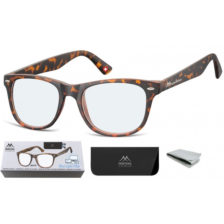 Okulary de citit unisex Montana BLFBOX67A, +3.00 dioptrii, filtru blue light, oprawa pantera, set complet