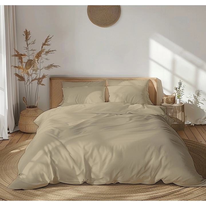 Изключително голям комплект спално бельо, 100% памук ранфорс, съдържа 4 части: калъфка 2х50х70, плик за завивка 200х220, единичен чаршаф 230х250, обикновен бежов цвят 3854