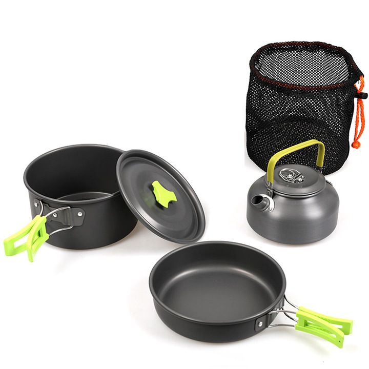 Set vase camping Herusi, 3 piese, verde, aluminiu anodizat, 20x15x10cm