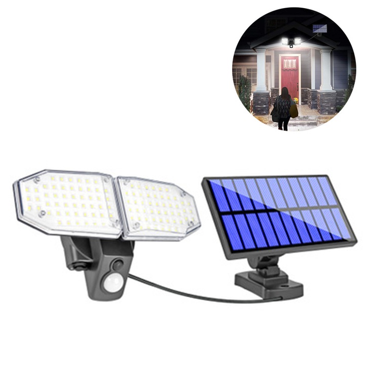 Lampa solara de perete separata, 100 LED, IP65, alb, 14.5x8.5cm