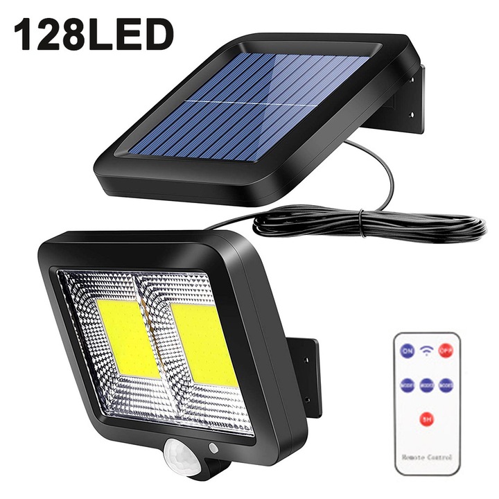 Mozgásérzékelős napelemes kültéri lámpák, 128 LED spot, szuper fényes, IP65 vízálló napelemes kültéri fali LED lámpa 3 üzemmódban