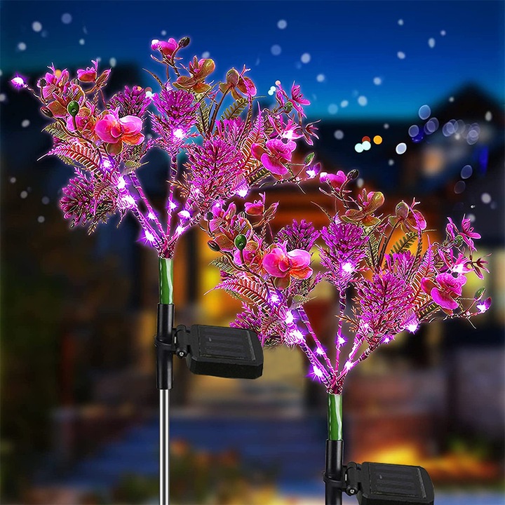 Set de 2 ghirlande luminoase solare LED, Phalaenopsis, flori artificiale, pentru exterior, decorare gradina, decorare balcon