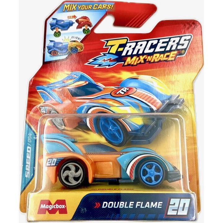 T-Racers kisautó, Double Flame modell, kék/narancssárga, 7cm, keverhető készlet