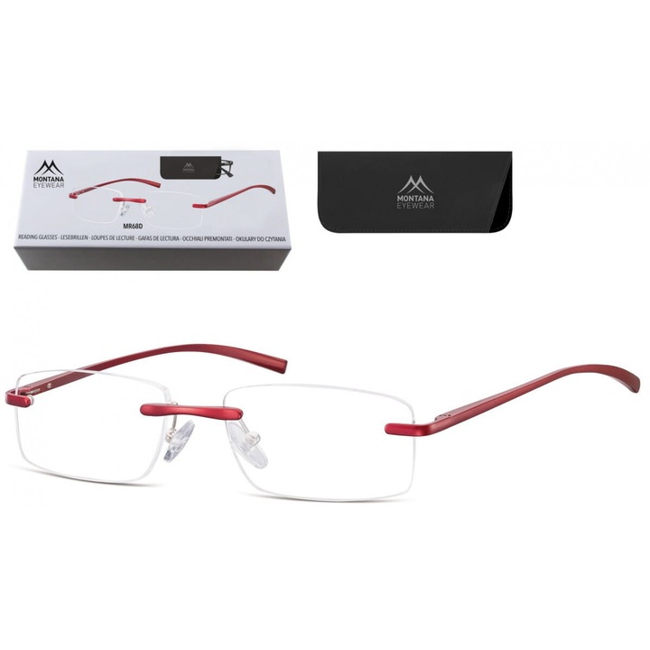 Ochelari de citit fara rama Montana, asferice, rosii, +3.5, set complet