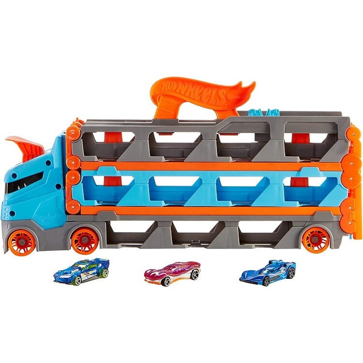 Transporter de curse 2w1 Hot Wheels, Mattel, 3 masinute incluse, albastru-portocaliu, 45cm