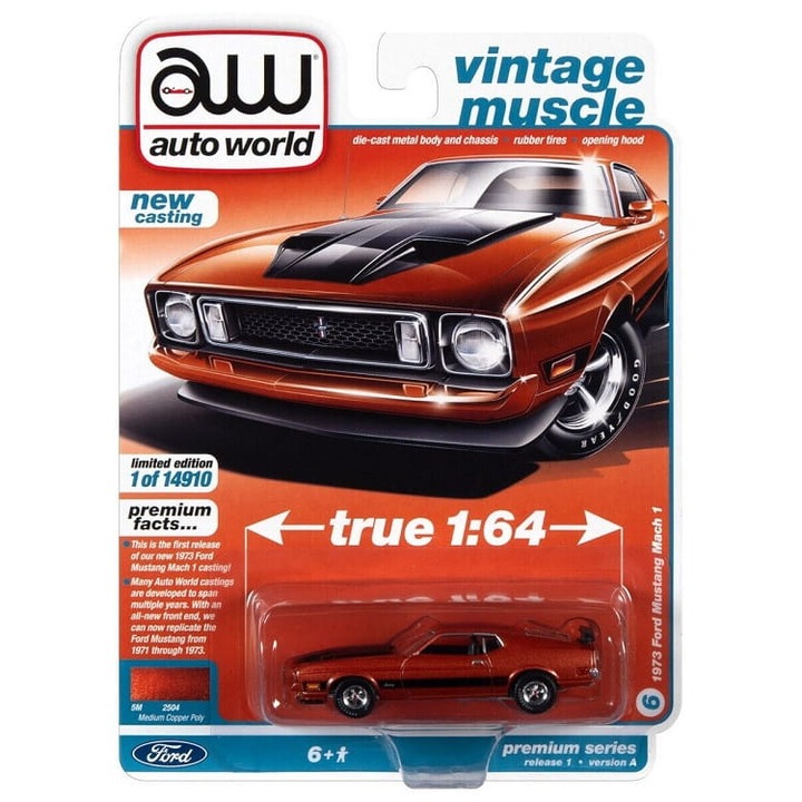 Gyűjtői kisautó, Auto World, 1973 Ford Mustang Mach 1, fém, narancssárga, 1:64, 7,5 cm