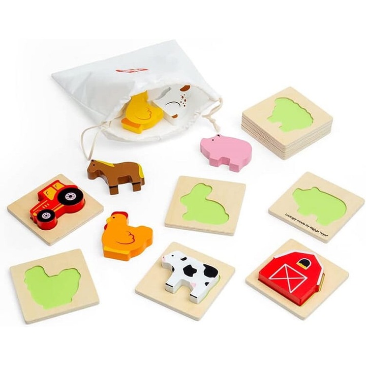 Пъзел BigJigs, съвпадение на форми на селскостопанско животно, 10 части, многоцветен, 20x20x5 см