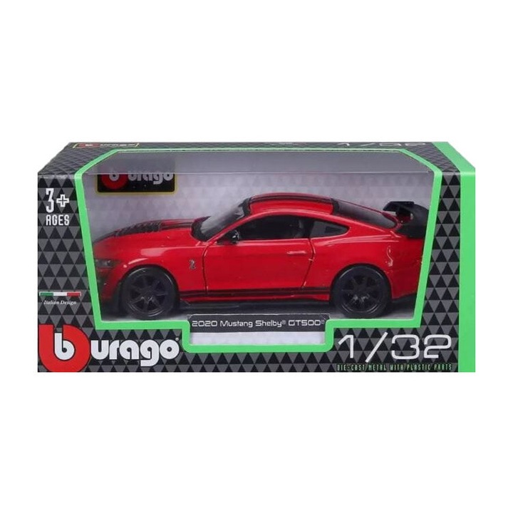 Bburago 2020 Ford Mustang Shelby GT500 kisautó, piros/fekete, 1:32, 12/13cm