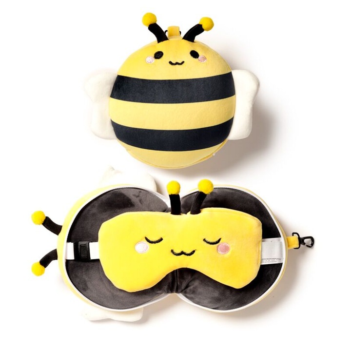 Set perna si masca pentru somn Puckator, design albina, material moale, 15x14x9cm, negru/galben