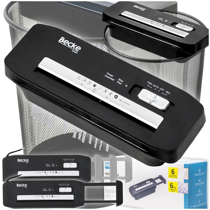 Distrugator de documente, Becke, capacitate 6 foi A4, 32.5x11.5x7cm, negru