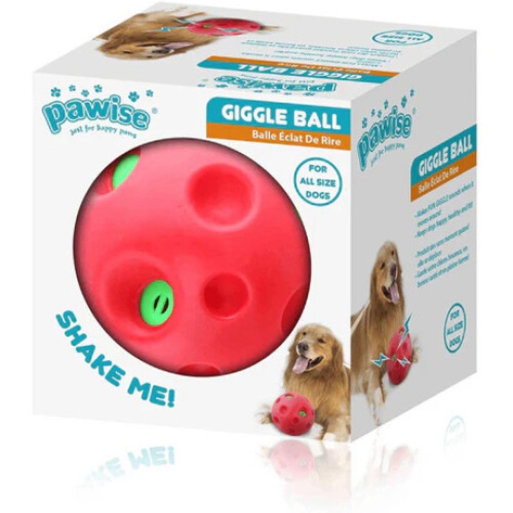 Jucarie interactiva pentru caini Pawise Minge Shake Me Giggle, cauciuc, sunete amuzante, 15 cm