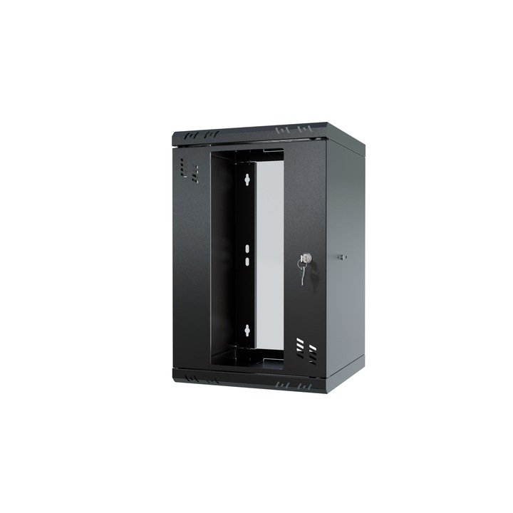 Fém Rack szekrény 10" 9U 300mm, Stalflex, fekete, falra szerelhető, üvegajtó