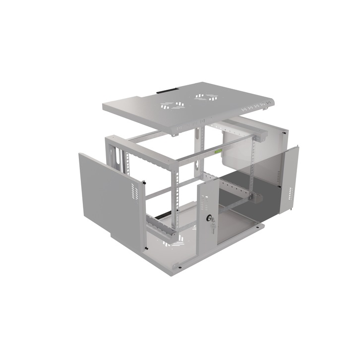 Fém RACK szekrény 19" 6U, Stalflex, 450mm, szürke, gyors szerelés 2 perc, üvegajtóval, levehető oldalfalakkal
