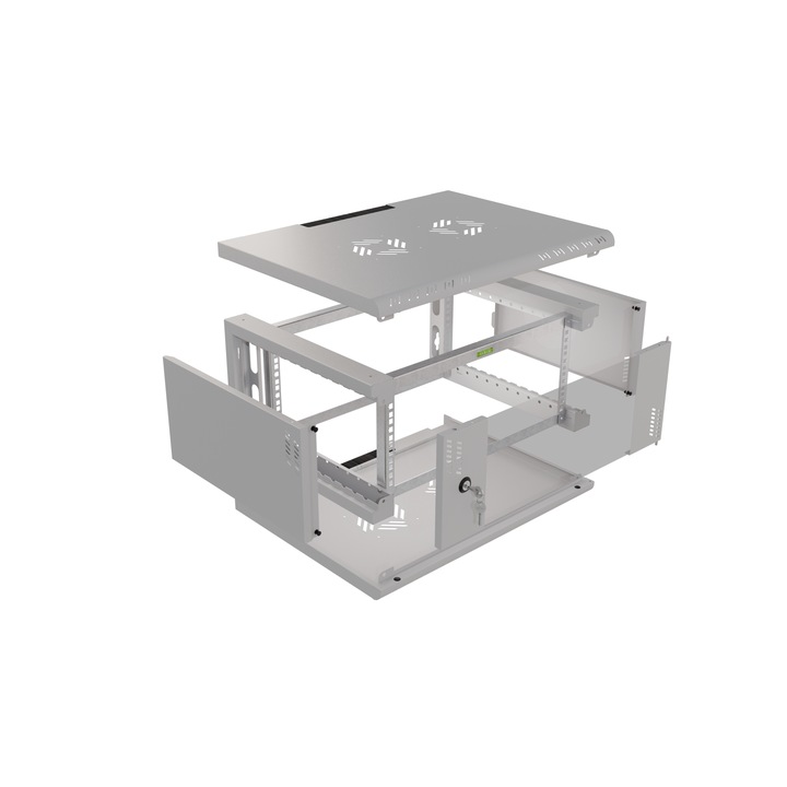 Stalflex Professional 19" RACK fém szekrény, 4U, 450mm, szürke, gyors szerelés 120 másodperc alatt, üvegajtók, levehető oldalfalak