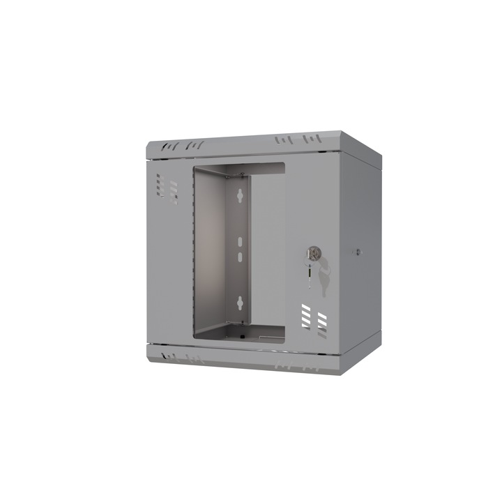 Fali fém RACK szekrény 10" 6U 300mm, Stalflex, szürke, üvegajtóval
