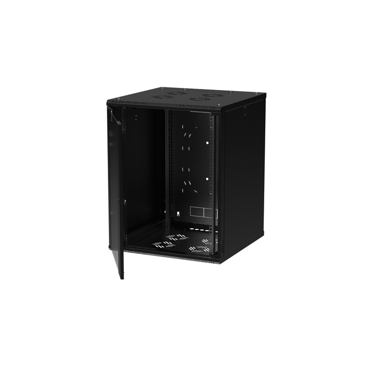 Stalflex 15U 600mm fali RACK szekrény, fekete, üvegajtóval, levehető oldalpanelekkel