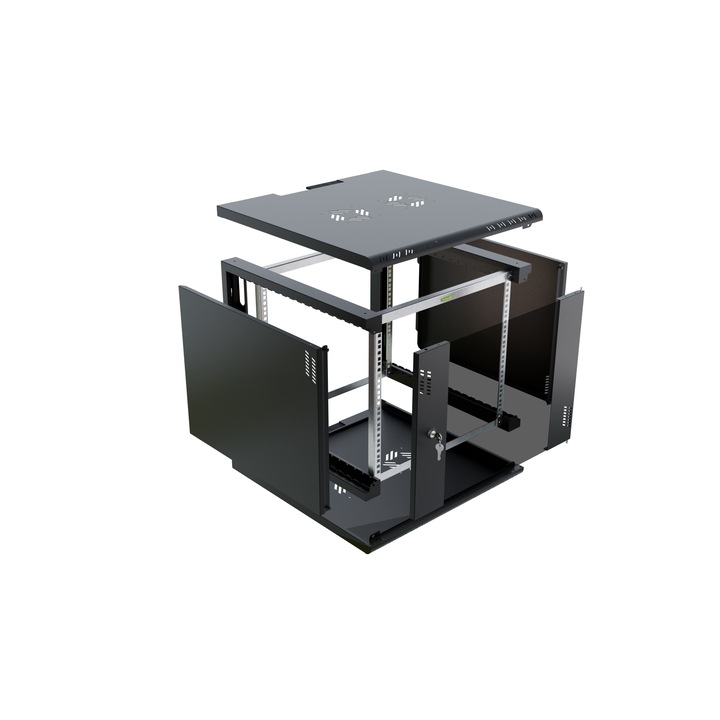 Fém RACK szekrény 19" 9U 600mm, Stalflex, fekete, gyors szerelés 120 másodperc, üvegajtóval, levehető oldalfalakkal