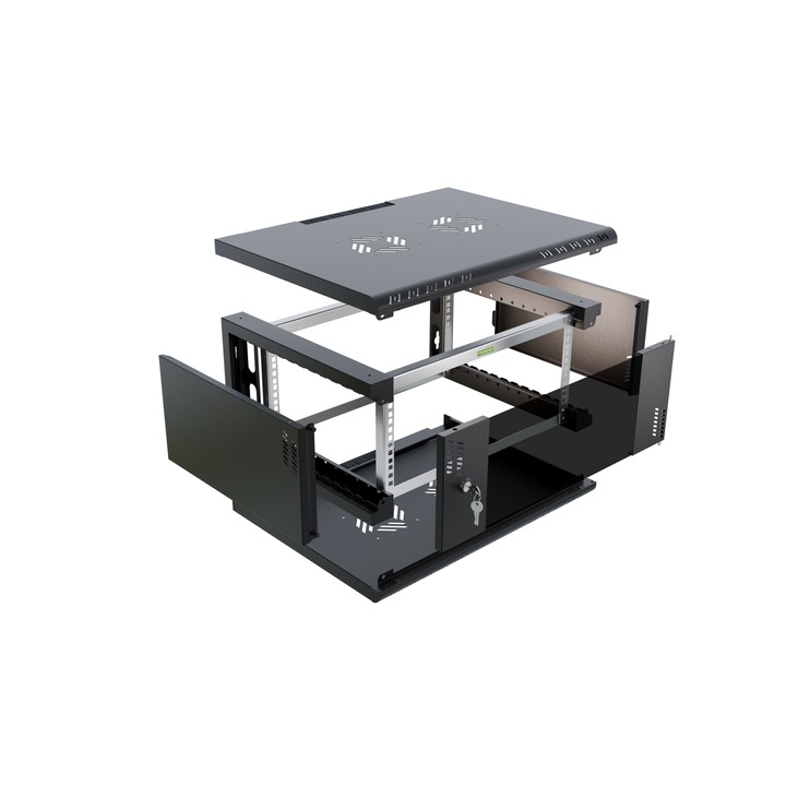 Fém RACK szekrény 19" 4U, Stalflex, 450mm, fekete, gyors összeszerelés 120 másodperc alatt, üvegajtók, levehető oldalfalak