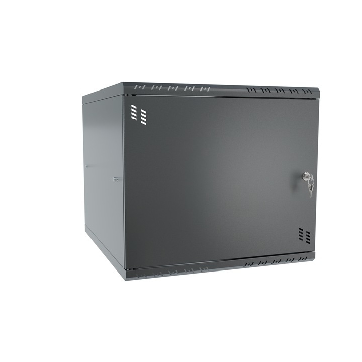 Fém RACK szekrény 19" 9U 600mm, Stalflex, fém ajtóval, falra szerelhető, fekete