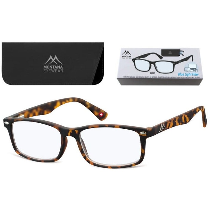 Ochelari Montana, unisex, cu filtru de lumina albastra, optiune +0.00, culoare pantera, set complet