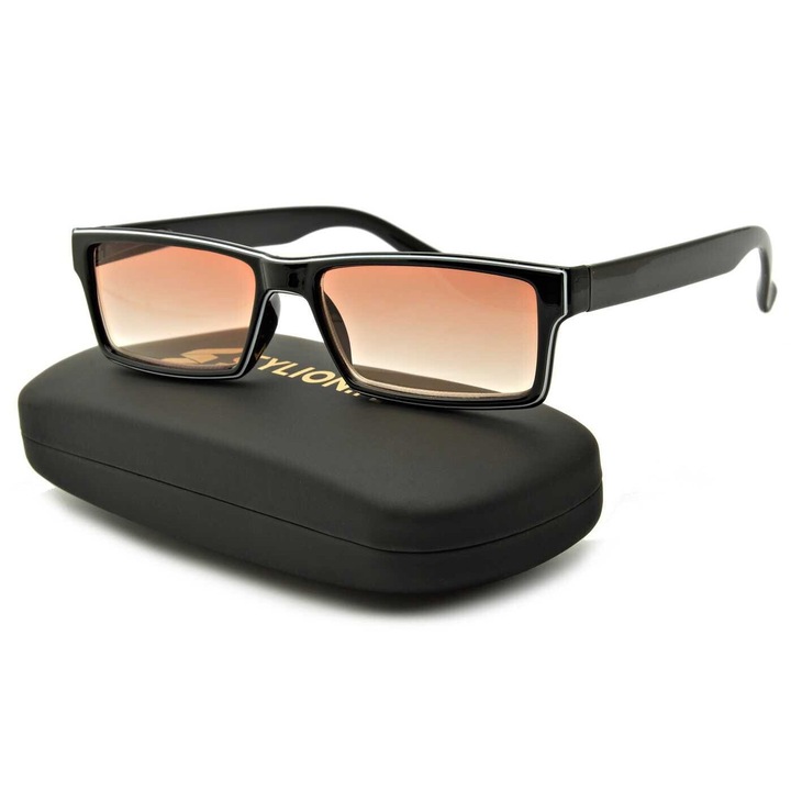 Ochelari de citit unisex cu lentile gradale +4.00, optiune de intunecare, negru cu alb, set complet cu etui si stergator