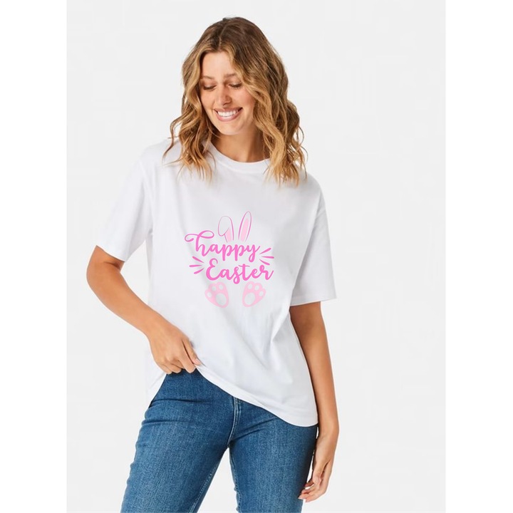 Tricou personalizat pentru femei Vexor, bumbac, alb, Happy Easter M