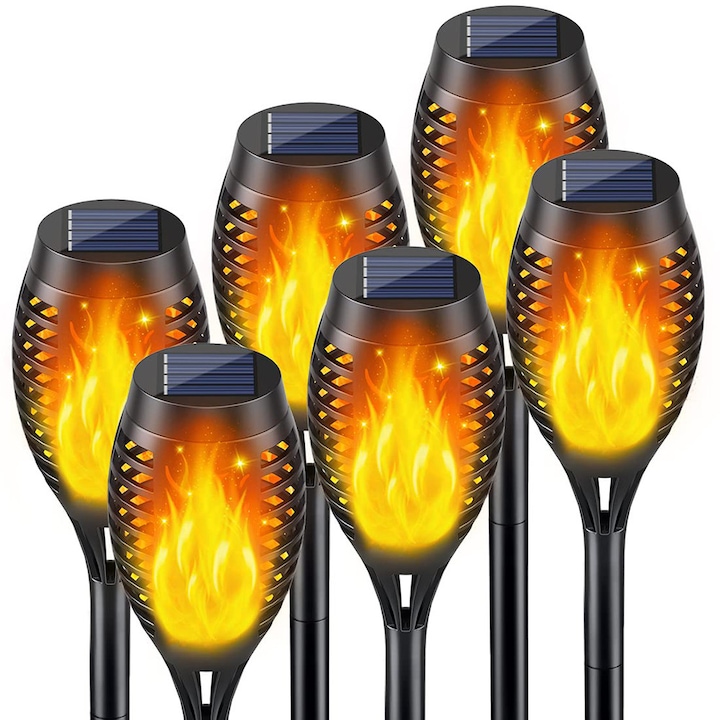Lampi solare, set de 6 piese, lumini de gradina cu flacara intermitenta, incarcare rapida, impermeabile, dimensiuni mari