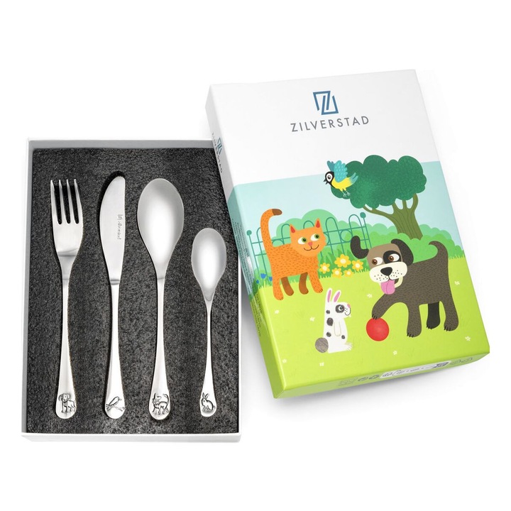 Zilverstad gyerek evőeszköz készlet, 4 db, állatok, rozsdamentes acél, személyre szabható