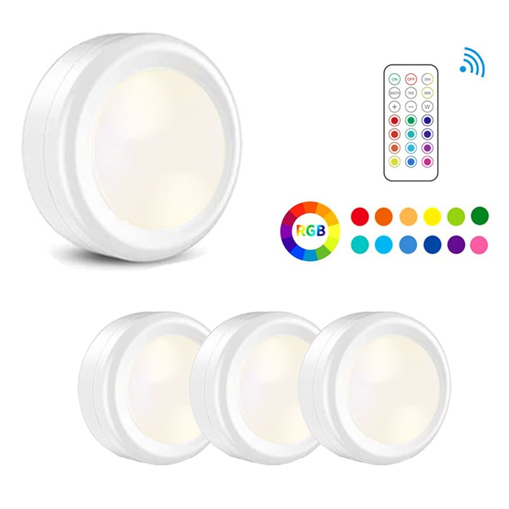 Set 3 spoturi LED cu baterii si telecomanda, 3 nivele de luminozitate, alb