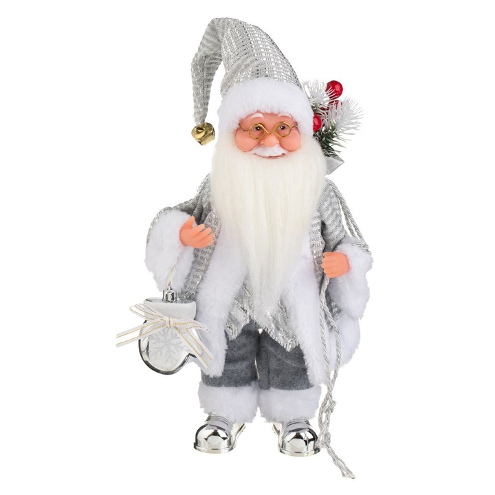 Jucarie Interactiva Figurina Mos Craciun cu Haine Argintii Miscare & Sunet 30cm