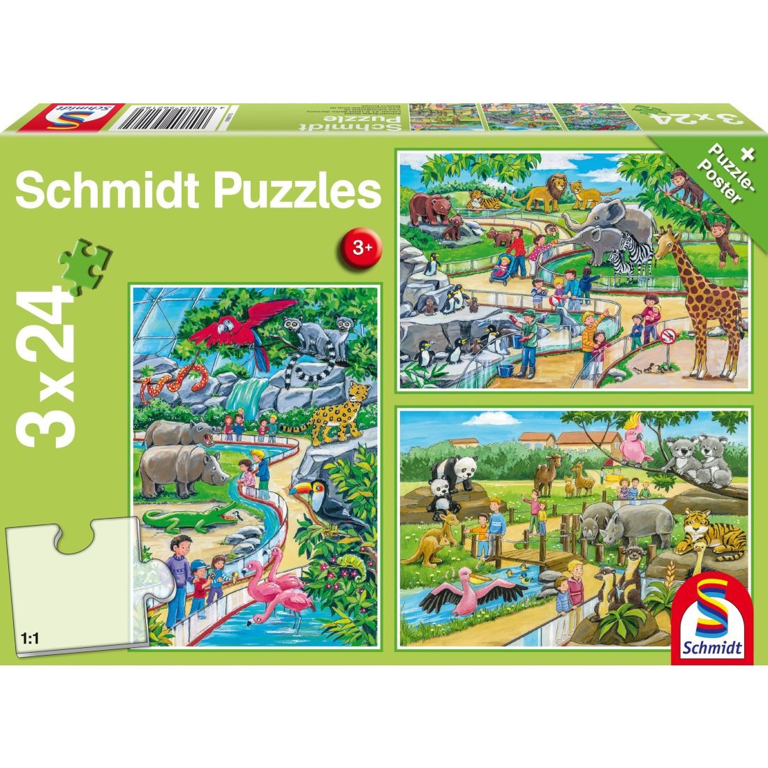 Set de 3 puzzleuri Schmidt pentru copii 3×24 piese: O zi la Gradina zoologica