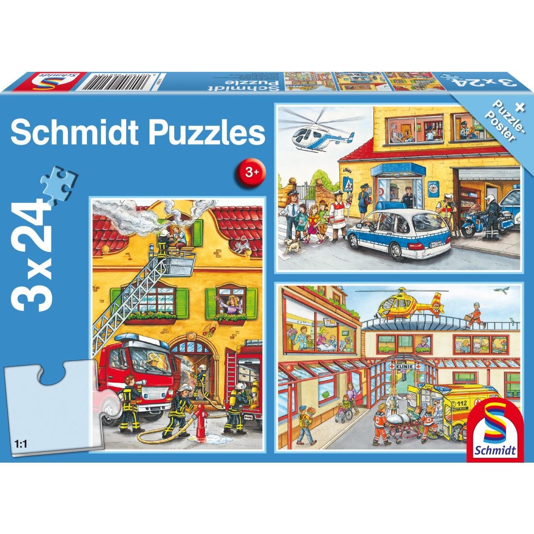 Set de 3 puzzleuri Schmidt pentru copii 3×24 piese: Brigada de pompieri si politie