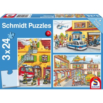 Set de 3 puzzleuri Schmidt pentru copii 3×24 piese: Brigada de pompieri si politie Set de 3 puzzleuri Schmidt pentru copii 3×24 piese: Brigada de pompieri si politie
