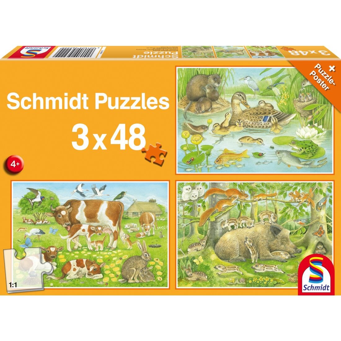 Set de 3 puzzleuri Schmidt pentru copii 3×48 piese: Familii de animale