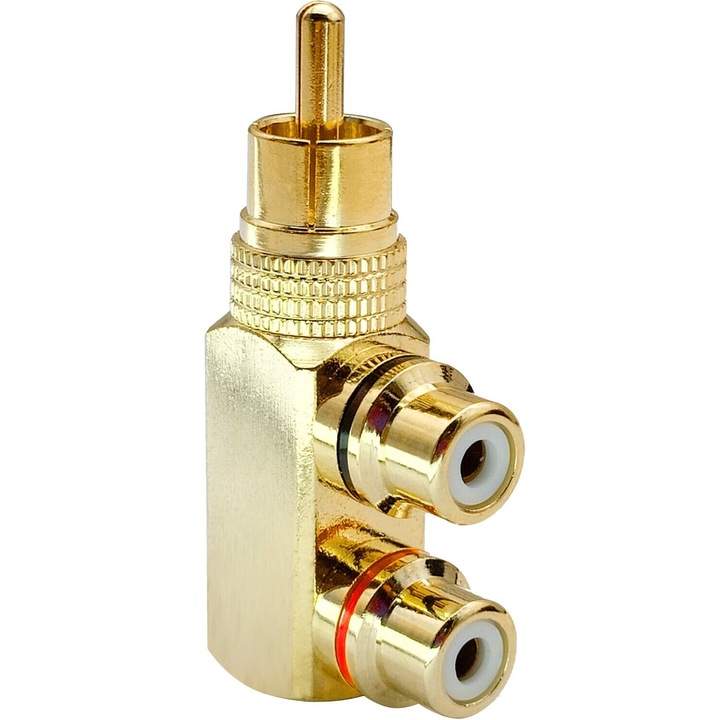 RCA adapter, derékszögű elosztó, audio kábelek, kompakt kivitel, 20cm