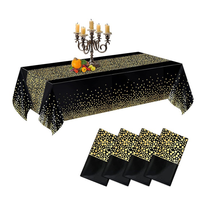 Asztalterítő, Enforose, fekete és arany, elegáns aranyfóliás design, vízálló, 4 darabos szett