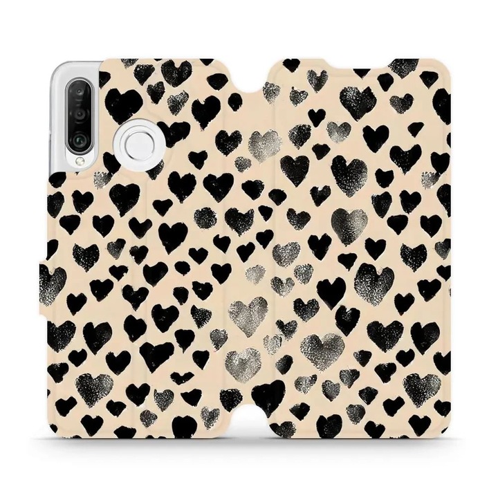 Husa flip Mobiwear pentru Huawei P30 Lite, design cu inimioare, rezistenta la socuri si zgarieturi, bej