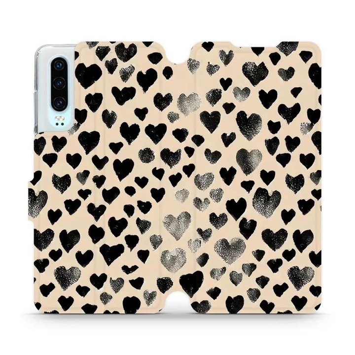 Husa flip Mobiwear pentru Huawei P30, design cu inimioare, rezistenta la socuri si zgarieturi, multicolor