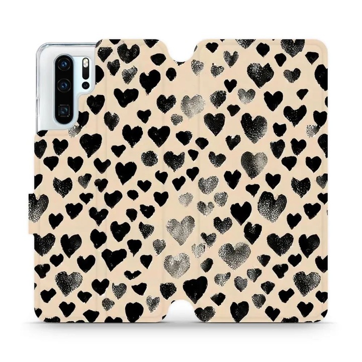 Husa flip Mobiwear pentru Huawei P30 Pro, design cu inimioare, protectie completa, culoare bej