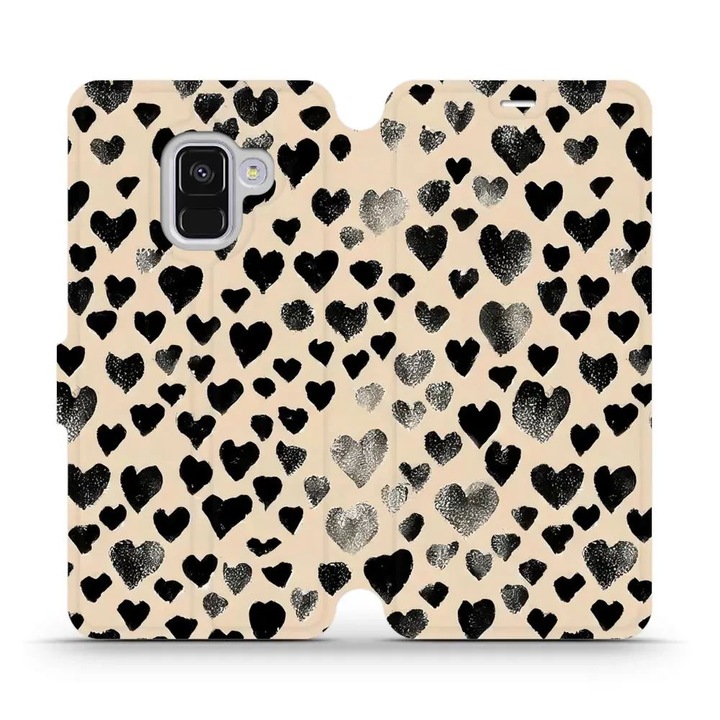 Husa flip Mobiwear pentru Samsung Galaxy A8 2018, design cu inimioare, culoare bej, material din piele ecologica