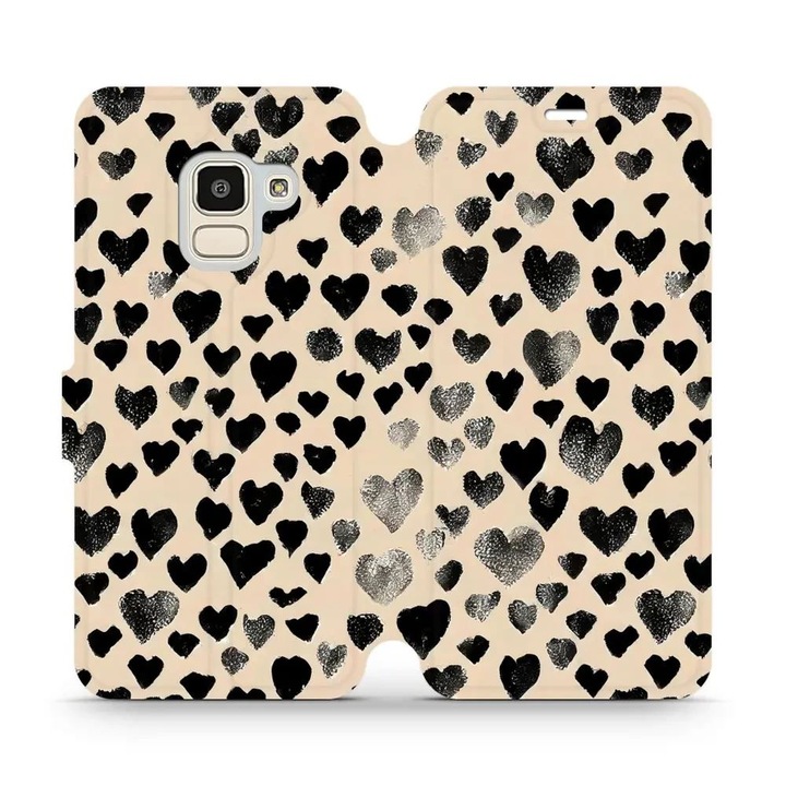 Husa flip Mobiwear pentru Samsung Galaxy J6 2018, design cu inimioare, culoare bej, material din piele ecologica