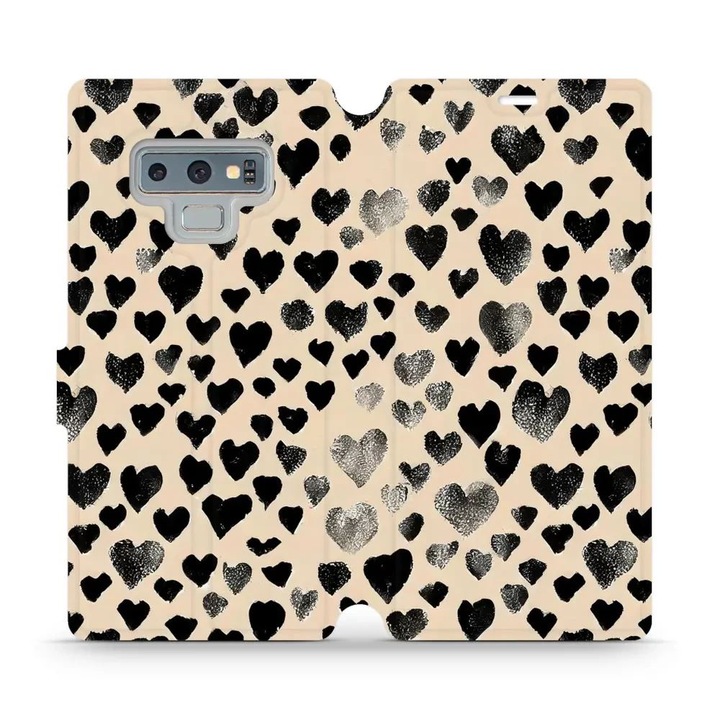 Husa flip Mobiwear pentru Samsung Galaxy Note 9, design cu inimioare, culoare bej, material din piele ecologica