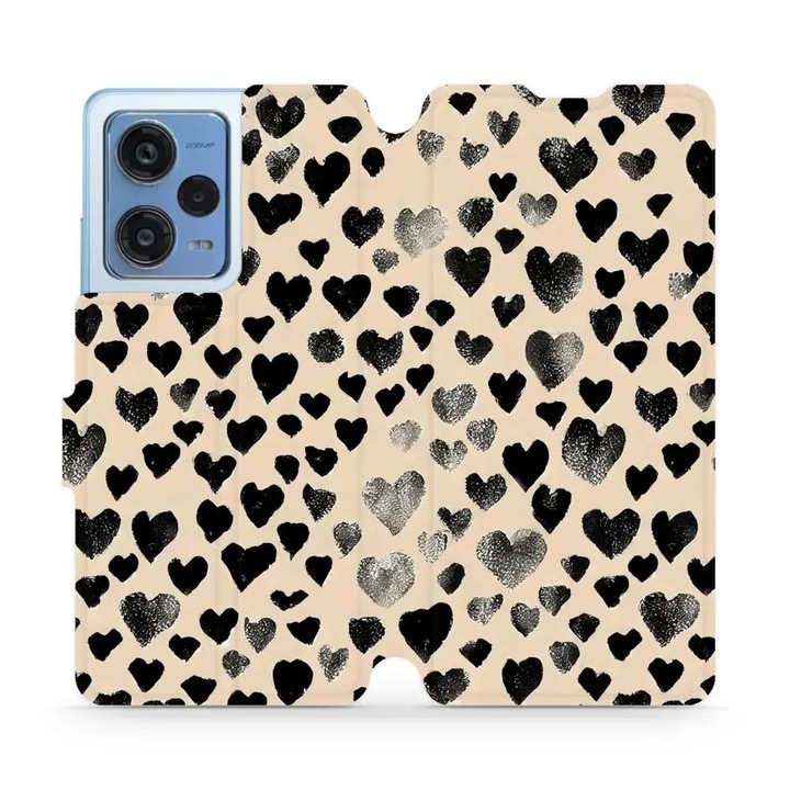 Mobiwear флип калъф за Xiaomi Redmi Note 12 Pro Plus 5G, дизайн със сърца, многоцветен, материал еко кожа