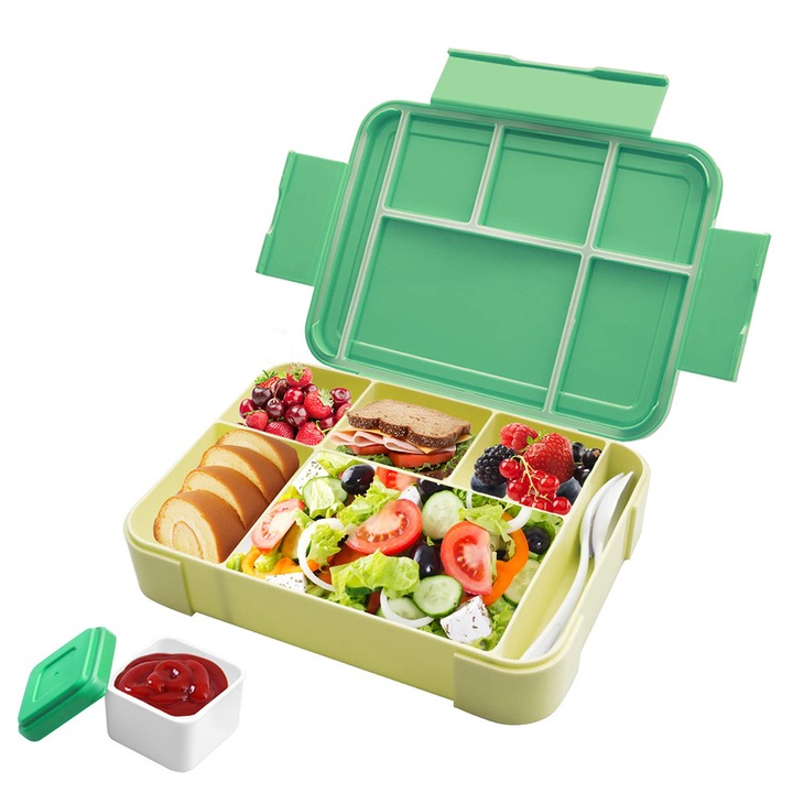 Cutie alimentara Bento, verde, 23x17x4.8cm, 6 compartimente, 1 cutie sos
