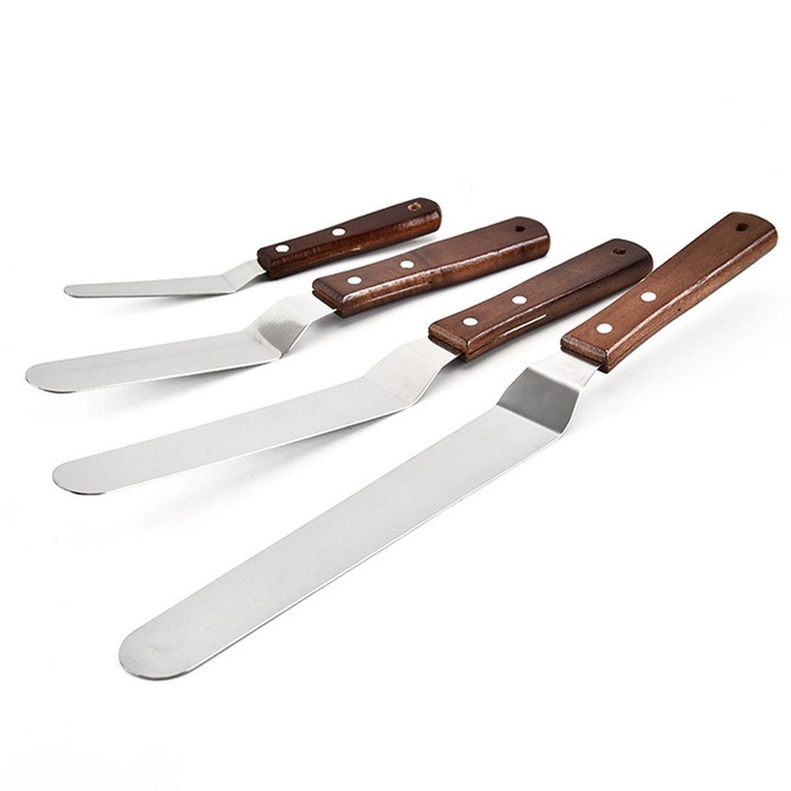 4 db sarok spatula készlet, rozsdamentes acél, fa nyél, 10x6x4 hüvelyk